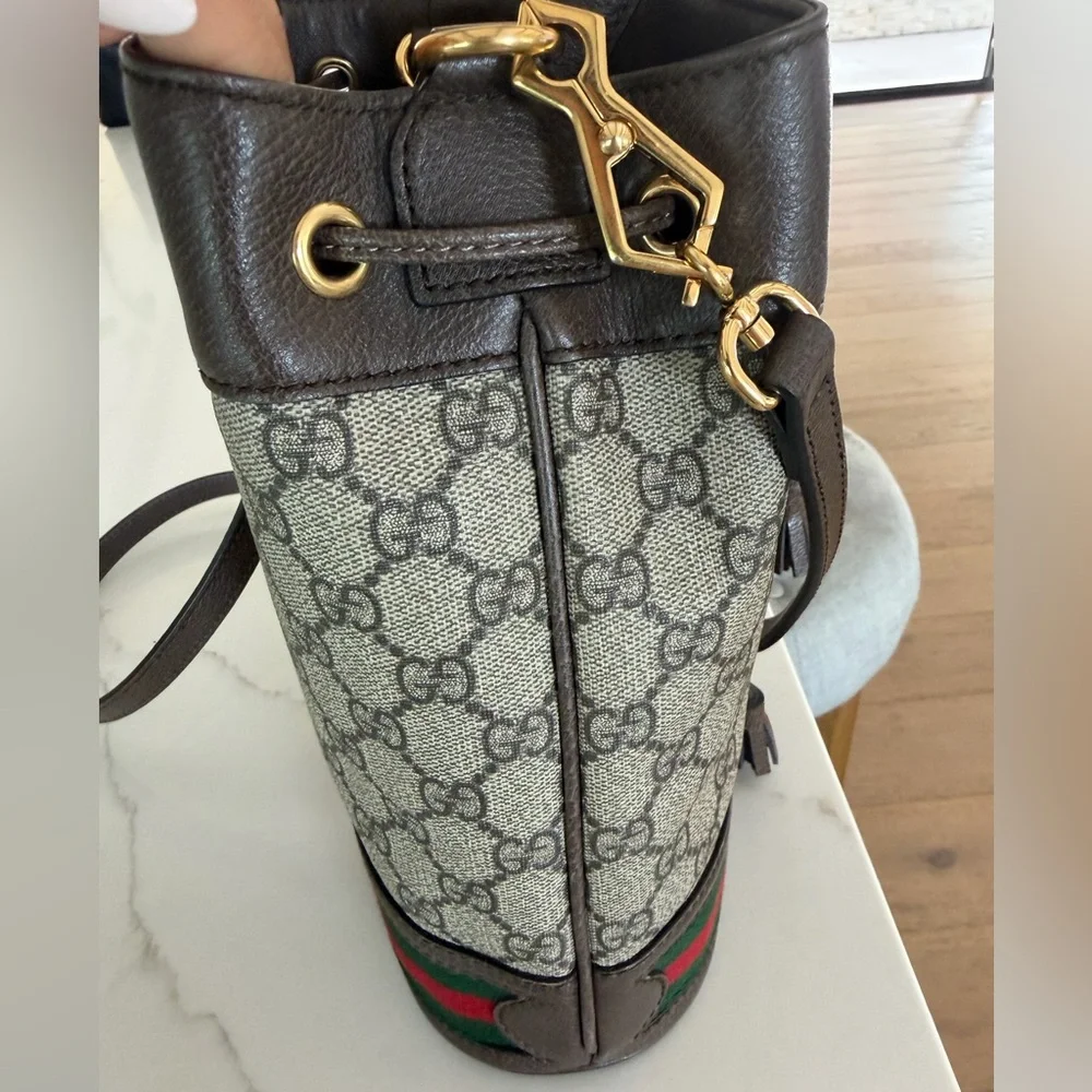 Gucci Brown GG Supreme Small Bucket Bag with Green Red Stripe w organizer COA - Picture 4 of 7